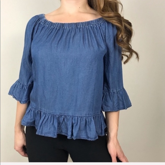 JANE & DELANCEY Blue Chambray Denim Ruffle Top Small Off Shoulder Fall Casual - Picture 2 of 8